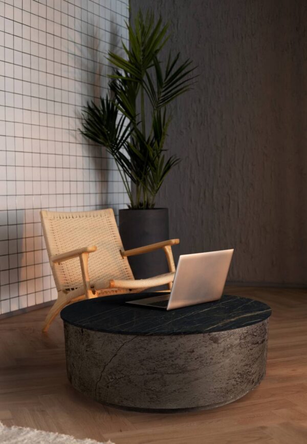 Tisch Franko Durum aus Keramik Laminam Noir Desir Ø100